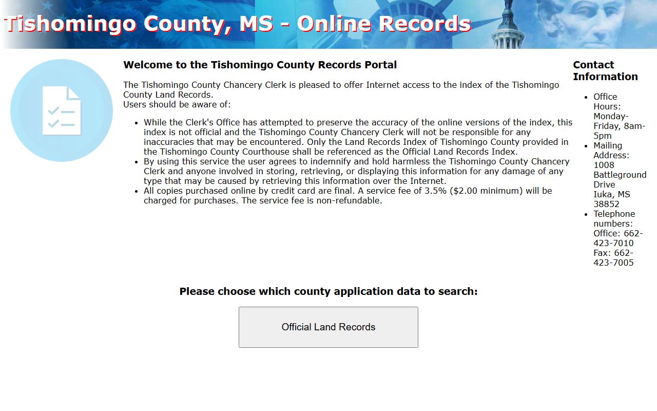 Tishomingo County Chancery land records online landing page