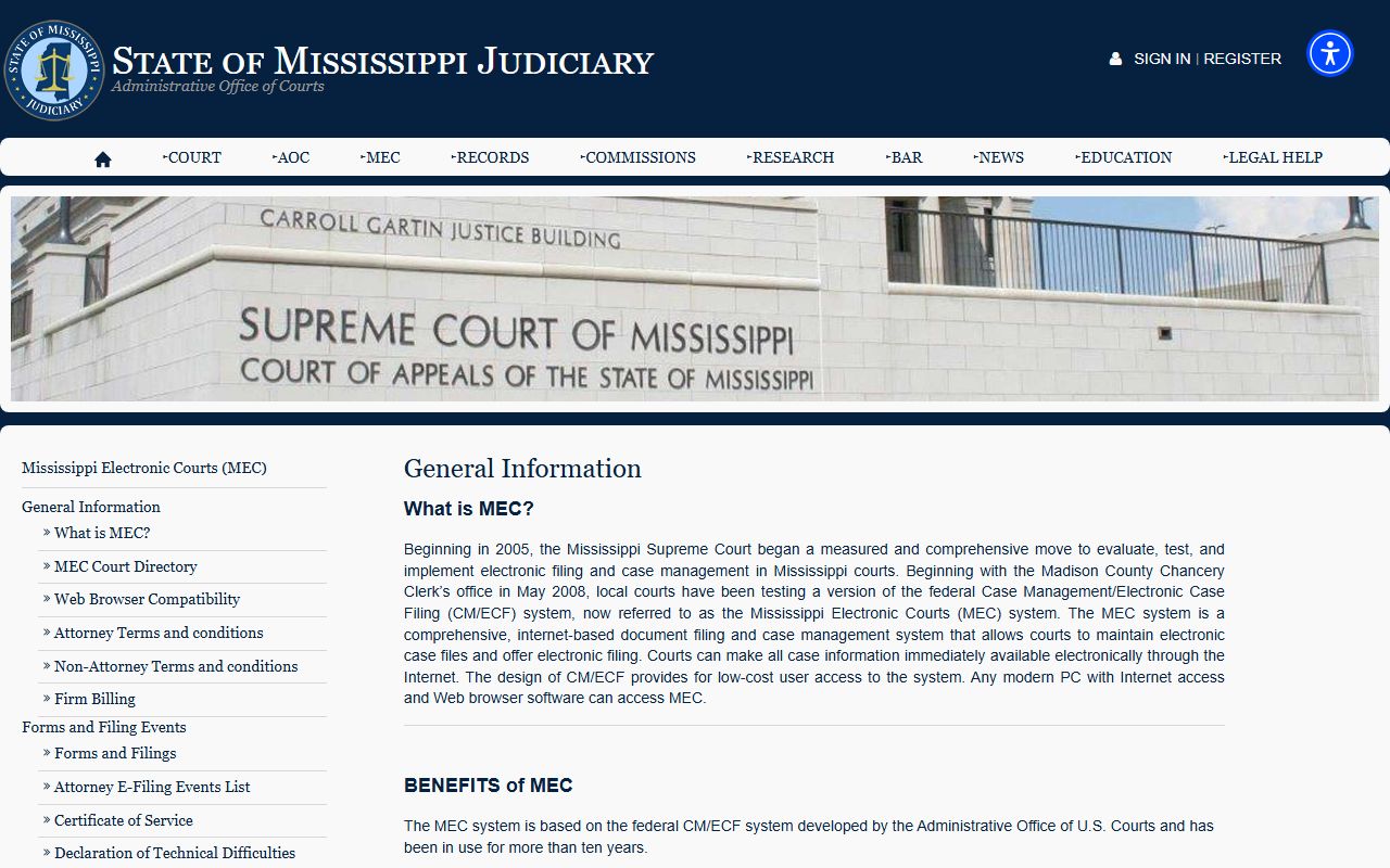 Tishomingo County Mississippi Electronic Courts general information for court records