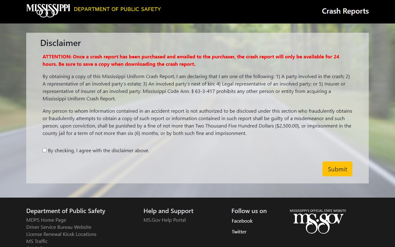 Tishomingo County crash report ordering for arrest and charge context in Mississippi