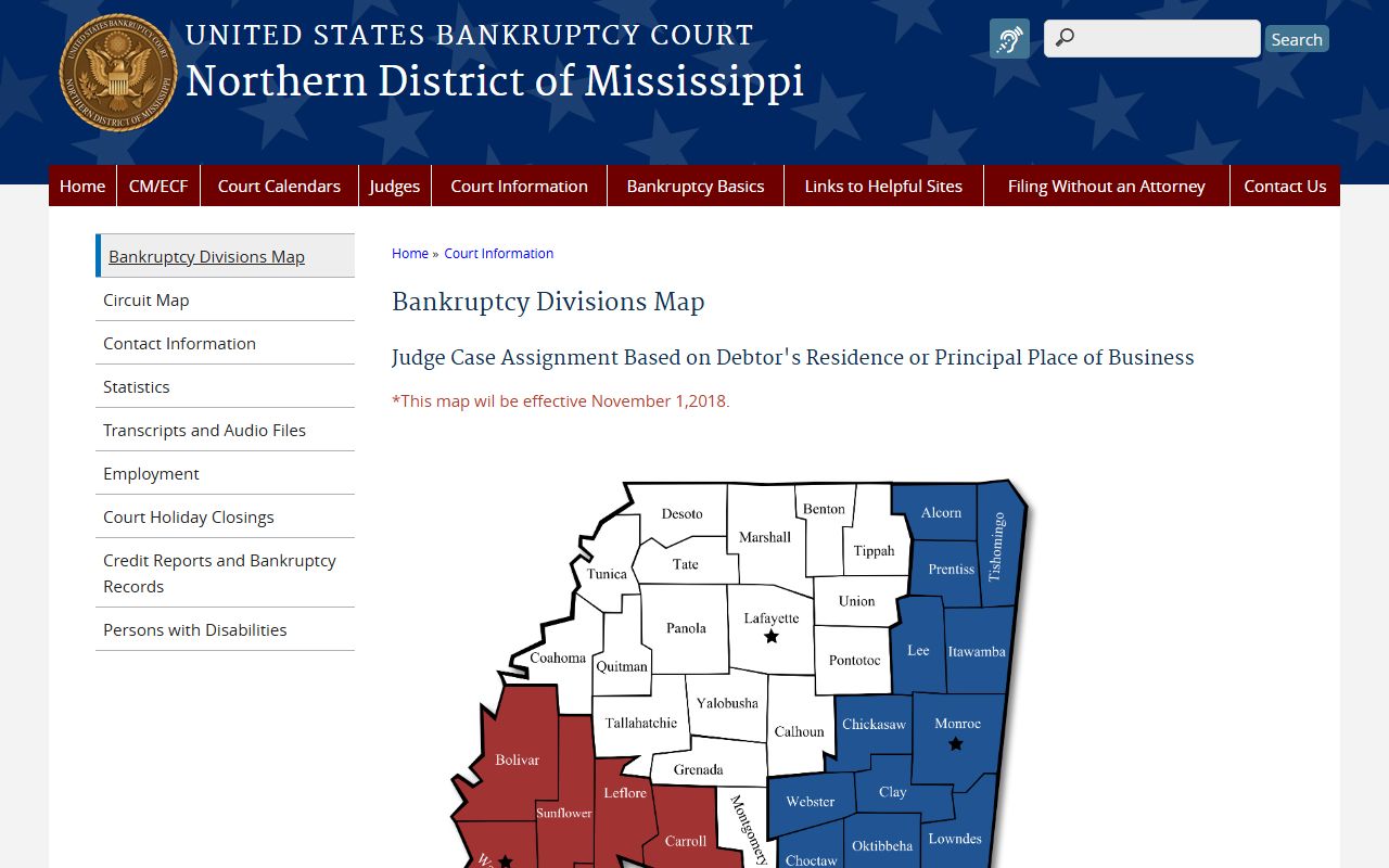 Tishomingo County bankruptcy court dockets divisions map for the Northern District of Mississippi