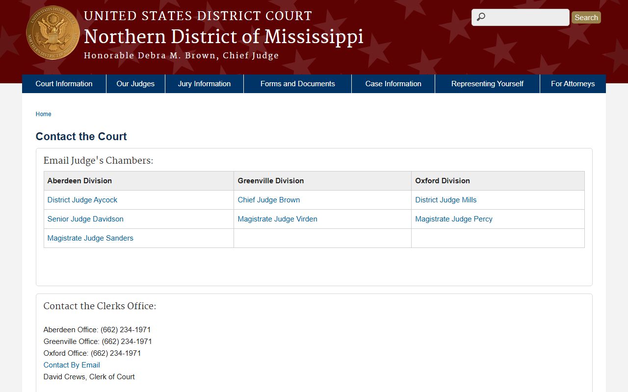 Tishomingo County federal court docket clerk contact page for the Northern District of Mississippi