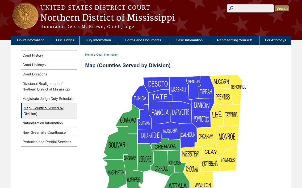 Tishomingo County court dockets district map for the Northern District of Mississippi
