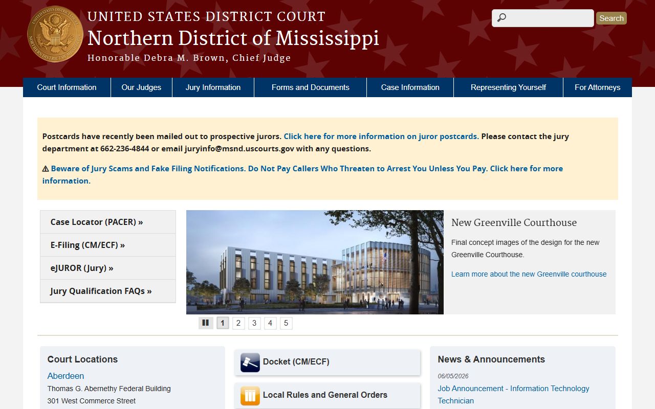 Tishomingo County federal court dockets on the Northern District of Mississippi website