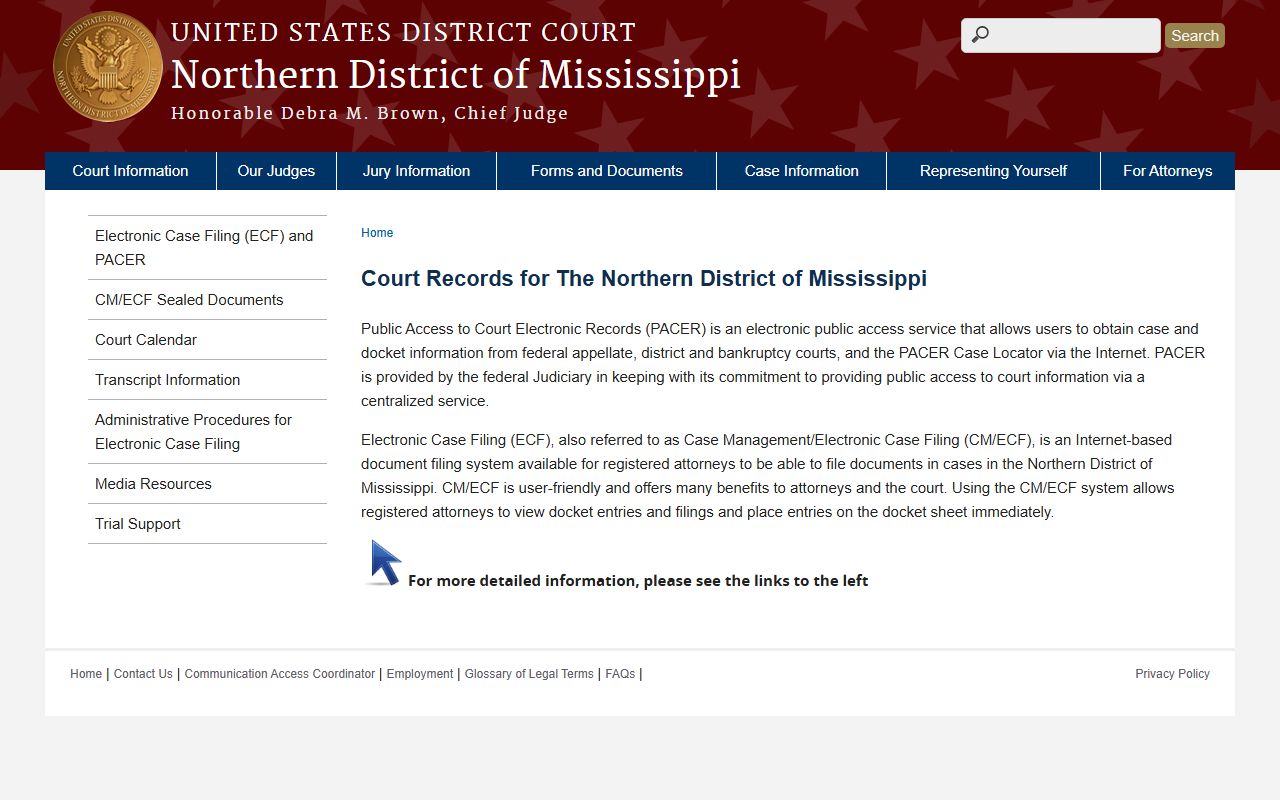 Tishomingo County federal case and docket information page for the Northern District of Mississippi