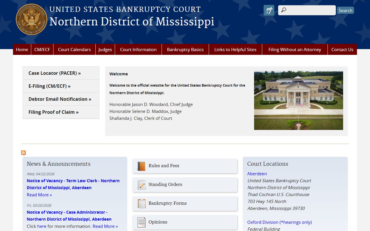 Tishomingo County bankruptcy court dockets on the Northern District of Mississippi site