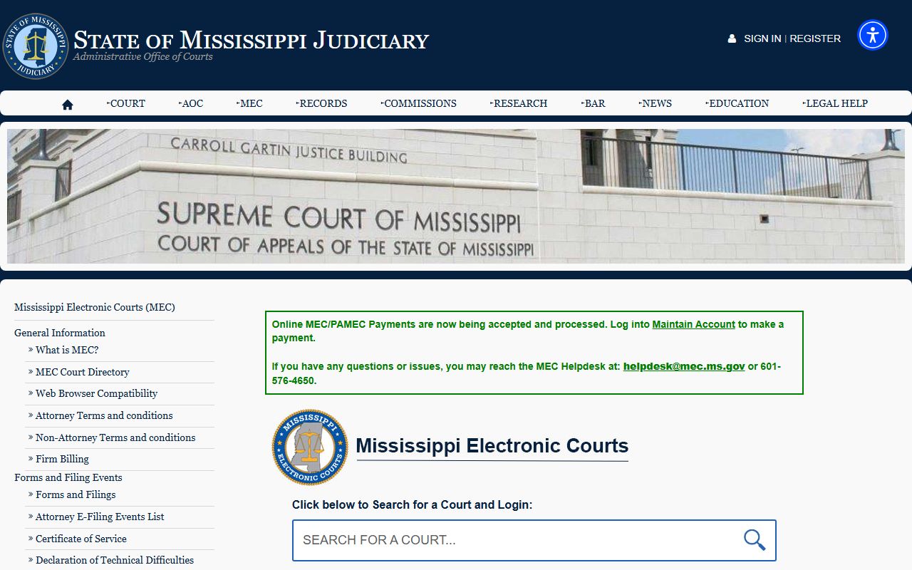 Mississippi Electronic Courts portal for Tishomingo County court records search