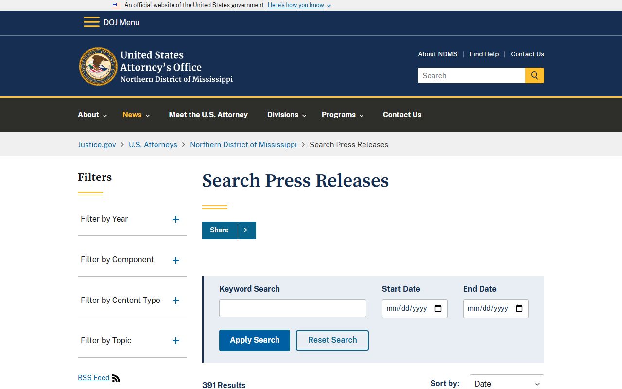 Tishomingo County criminal court records federal prosecution news for the Northern District