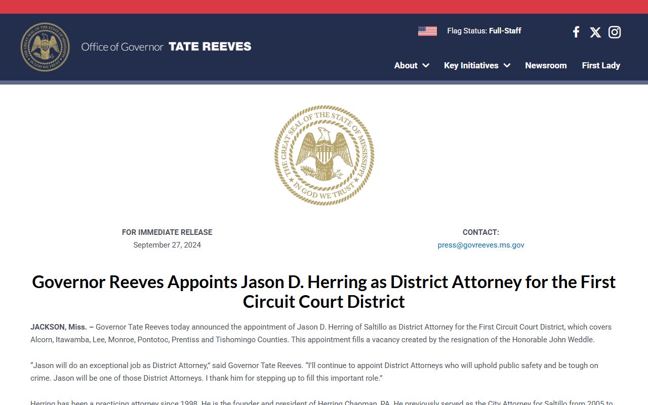Tishomingo County Circuit Court records, District Attorney appointment release