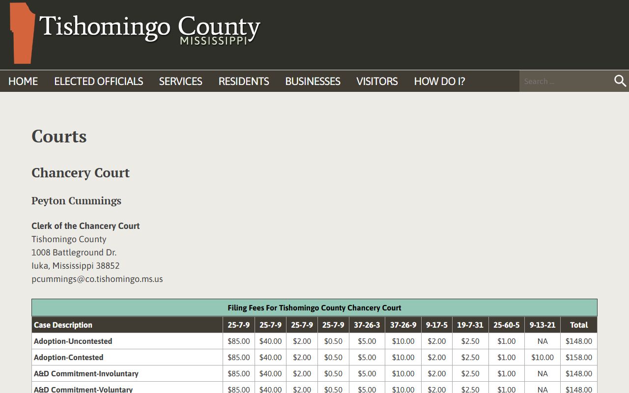 Tishomingo County Courts page with court records contacts