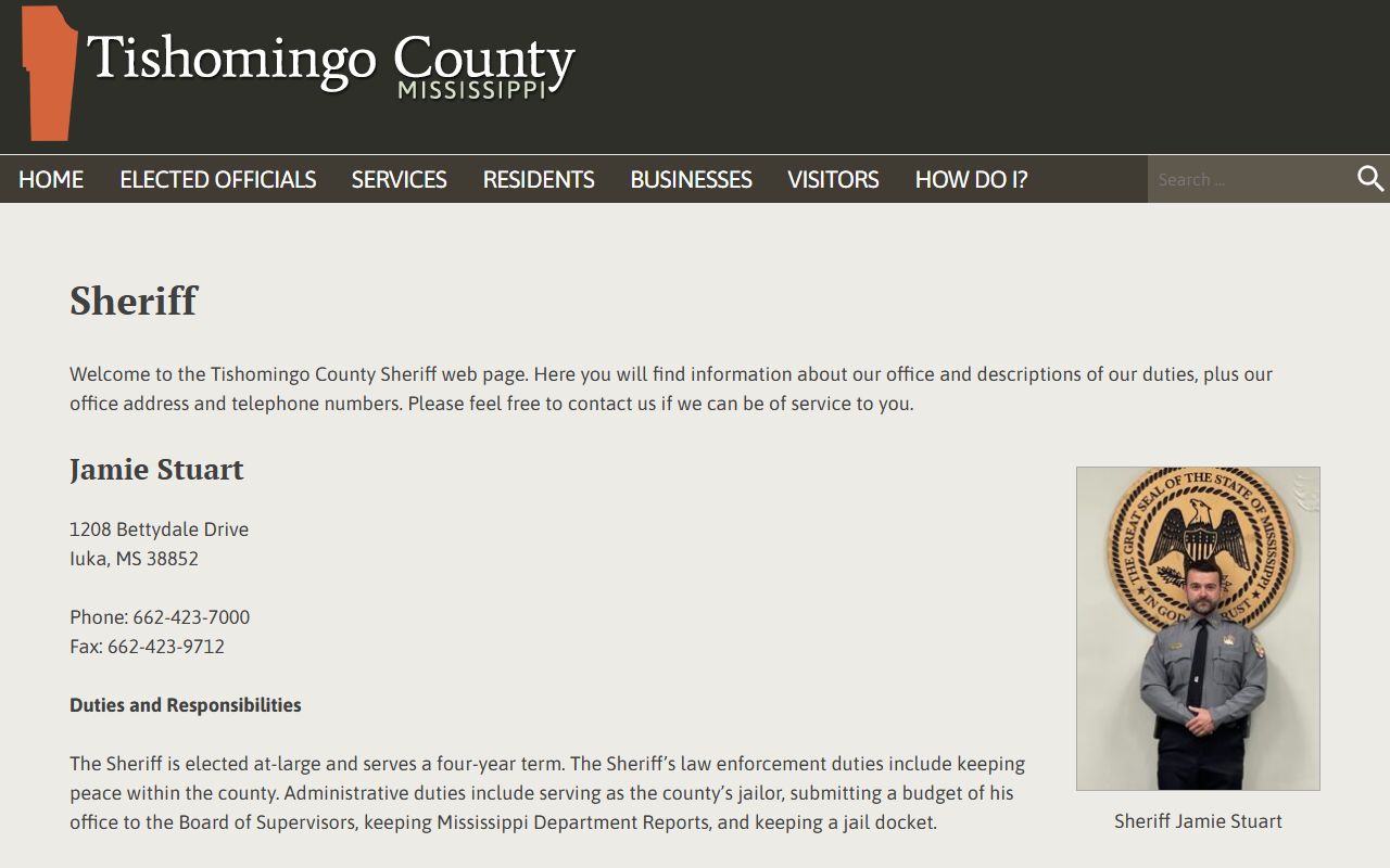 Tishomingo County Sheriff office page for jail and warrant records