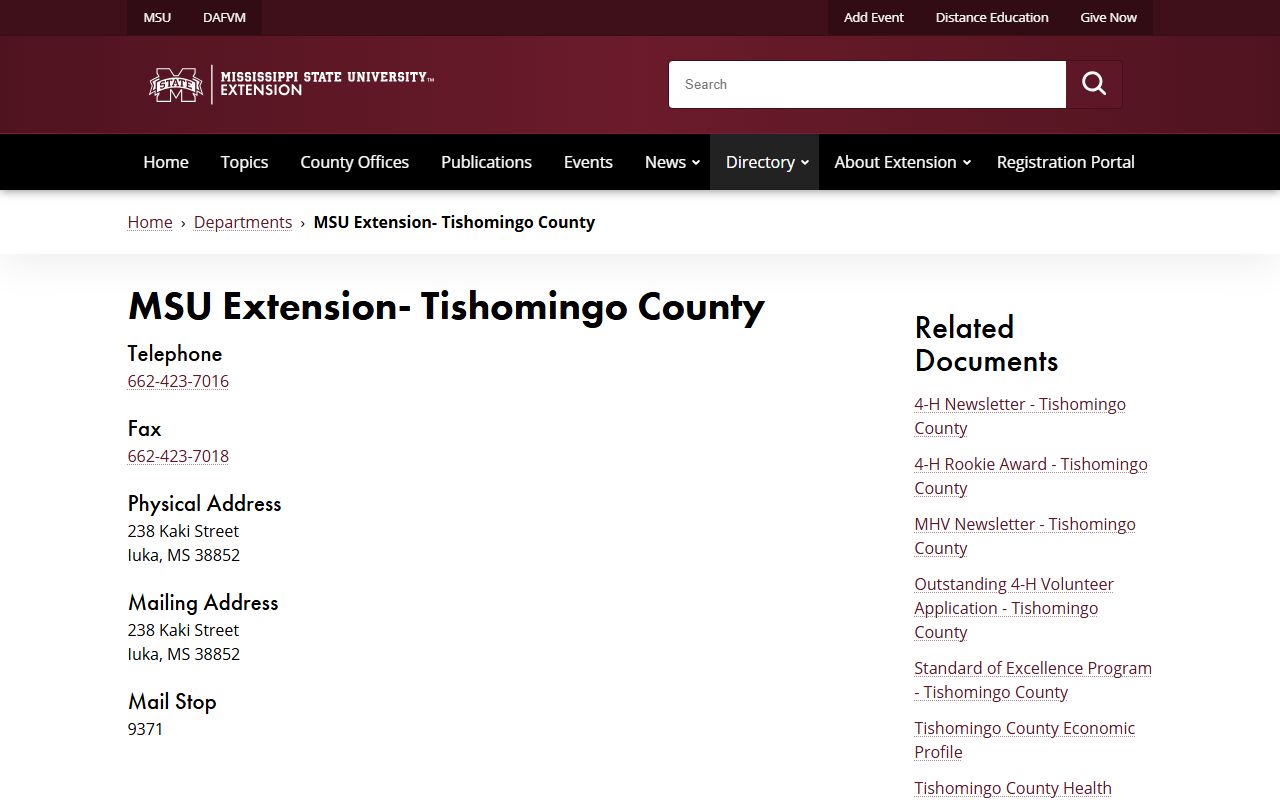 MSU Extension Tishomingo County office near the county court records courthouse