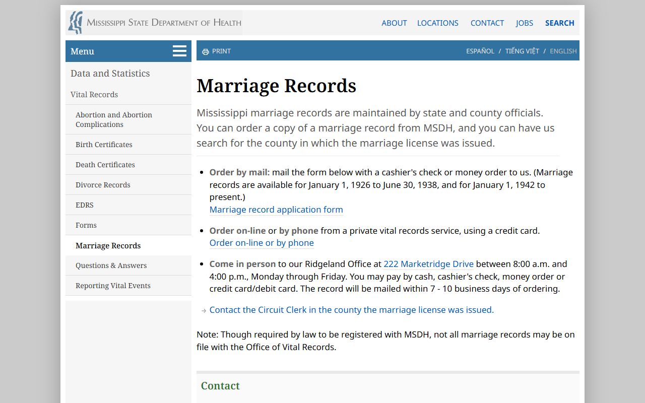 Tishomingo County marriage records page at the Mississippi State Department of Health