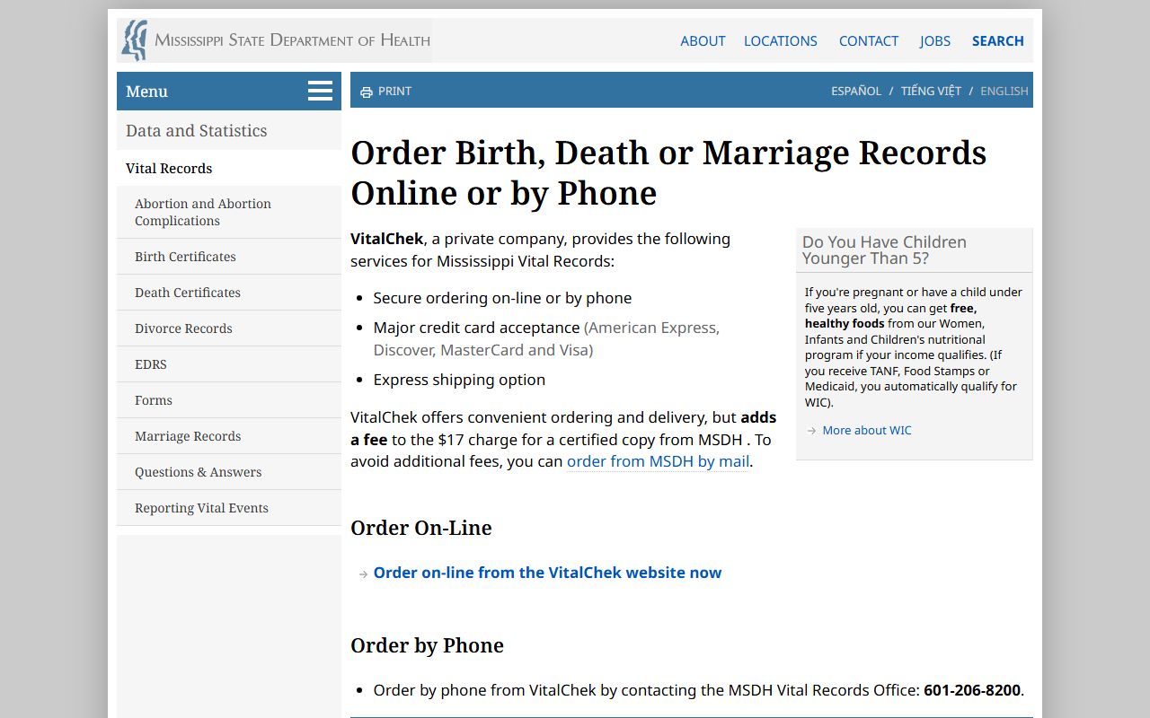 Tishomingo County marriage and divorce certified copy ordering page at MSDH vital records