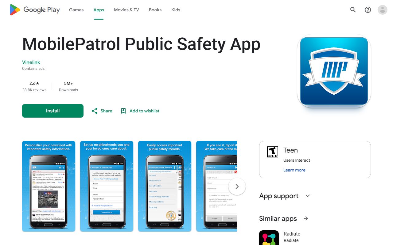 MobilePatrol app Google Play page for Tishomingo County warrant records