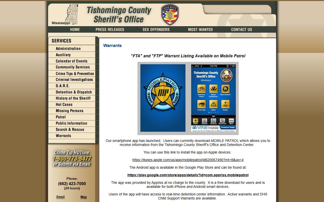 Tishomingo County Sheriff warrant records and search page
